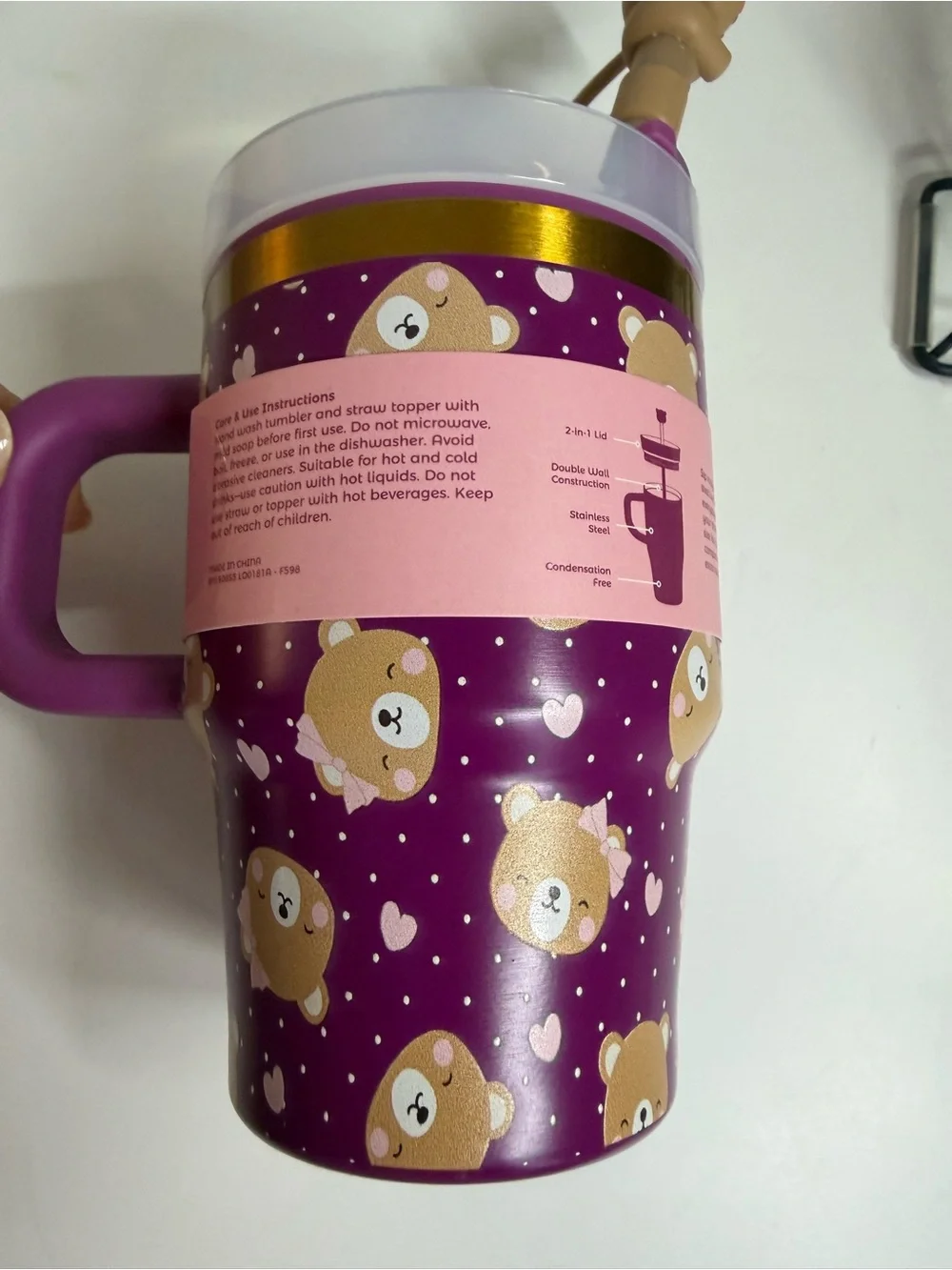 Pretty Purple Bear Kids Travel Mug with Handle